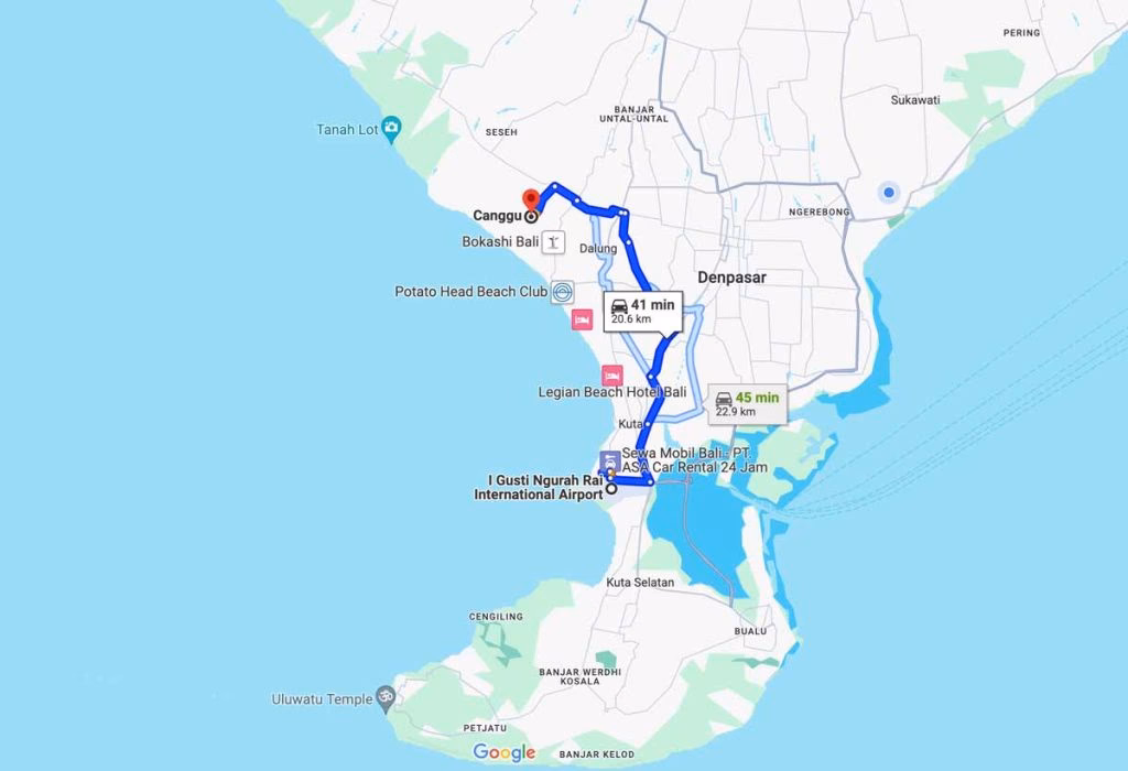 How far is Canggu from Bali airport?