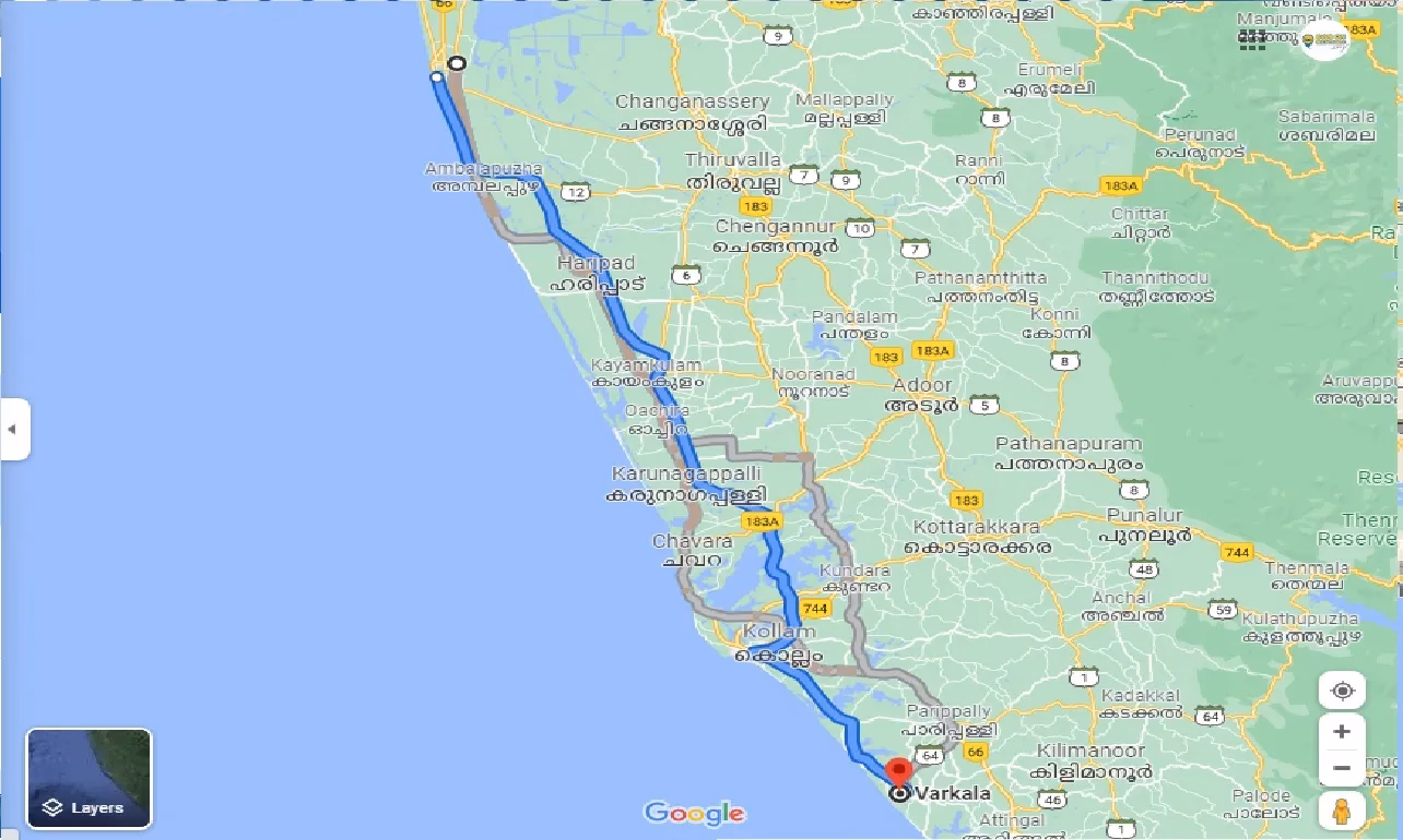 How far is Varkala from Aleppey?