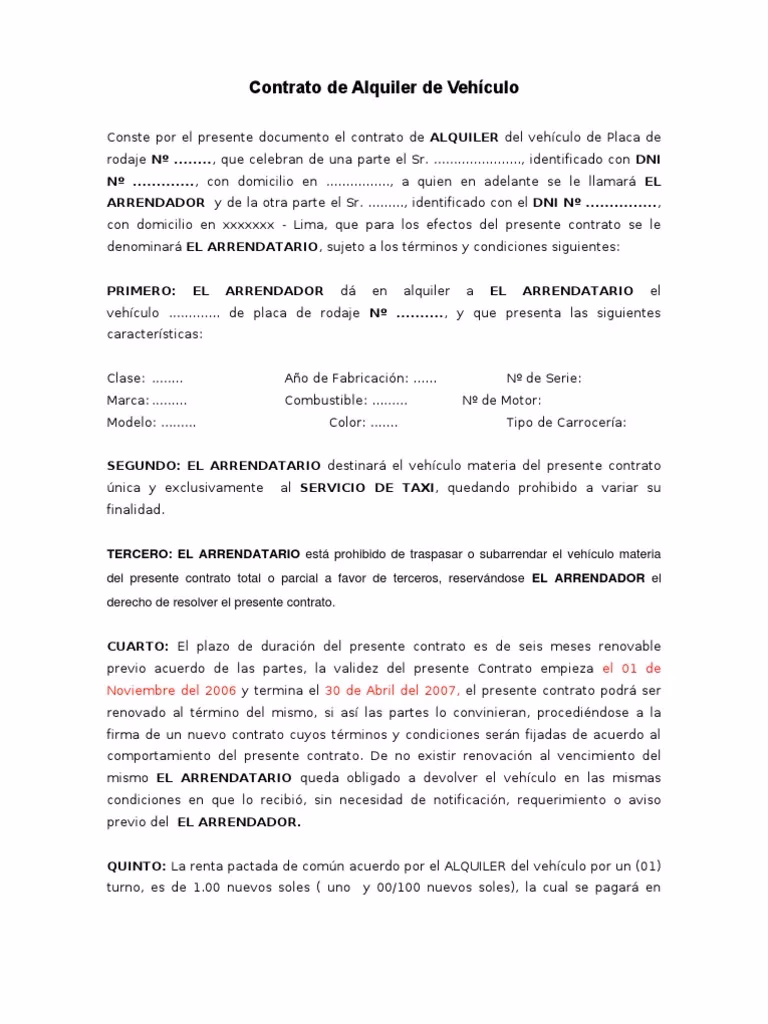 ¿Qué debe contener un contrato de alquiler de taxi?