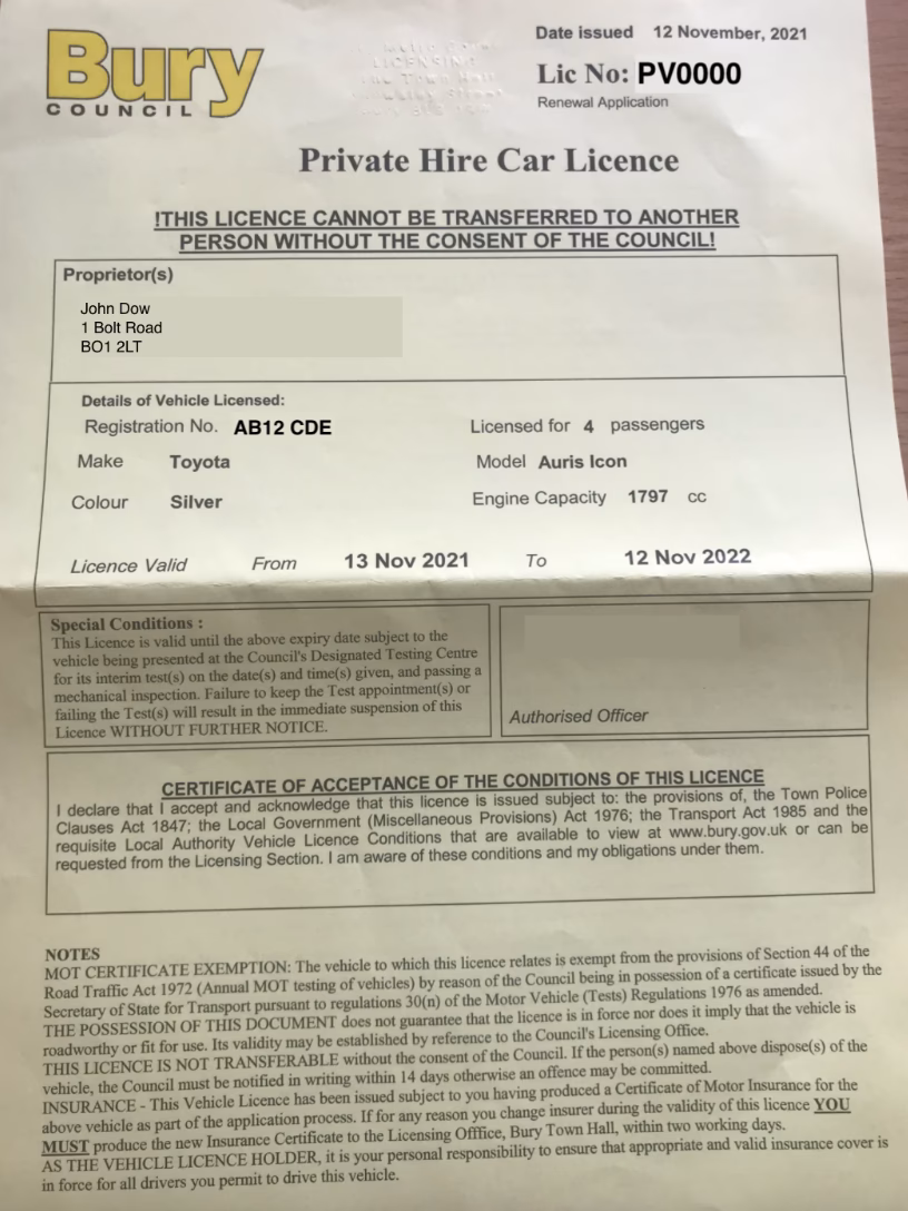 What happens if I buy a vehicle with a Bury licence?