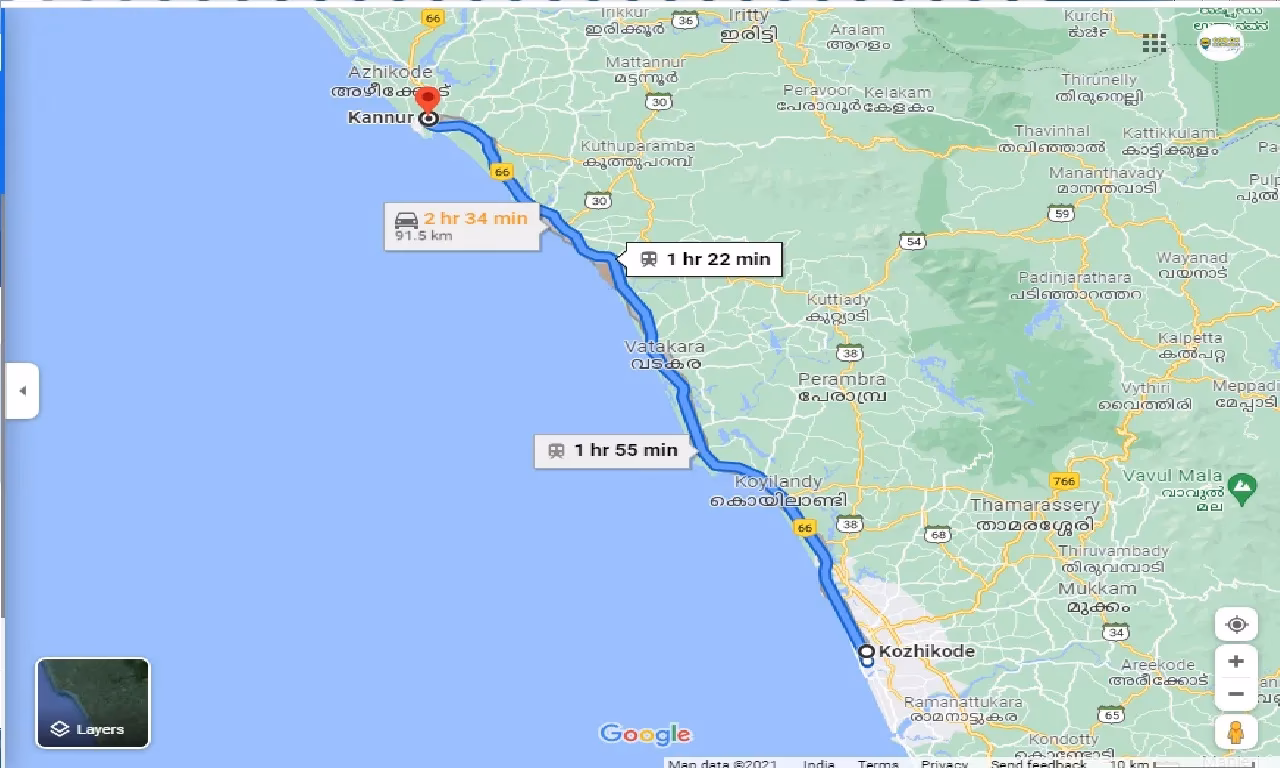 How far is Calicut from Kannur?