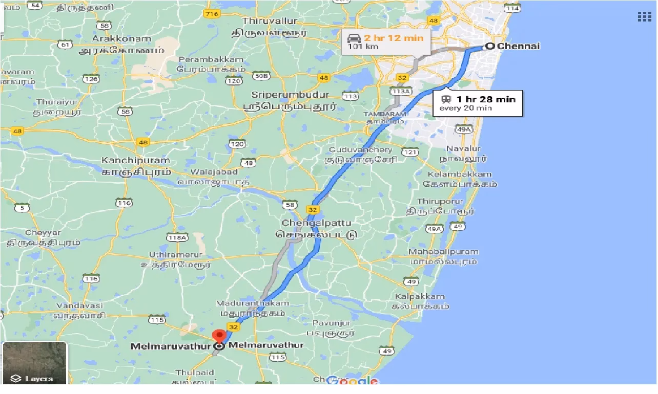 How far is Chennai Egmore from Melmaruvathur?