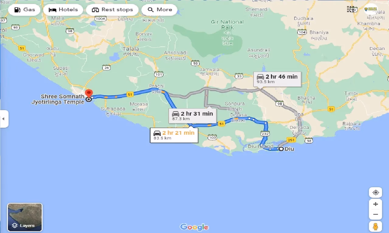 How long does it take to get from Somnath to Diu?