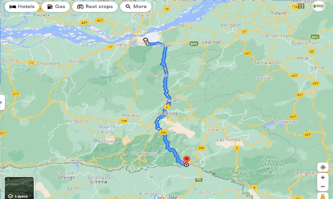 How far is Dawki from Guwahati?