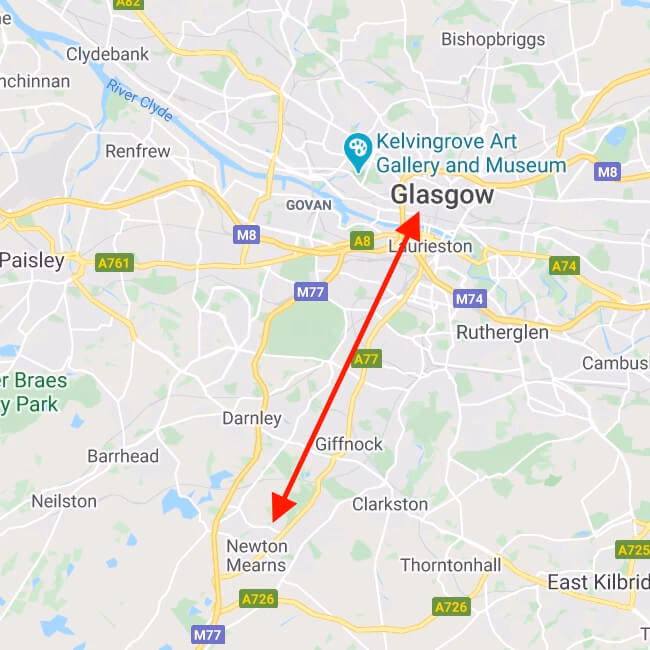 How far is Newton Mearns from East Kilbride?