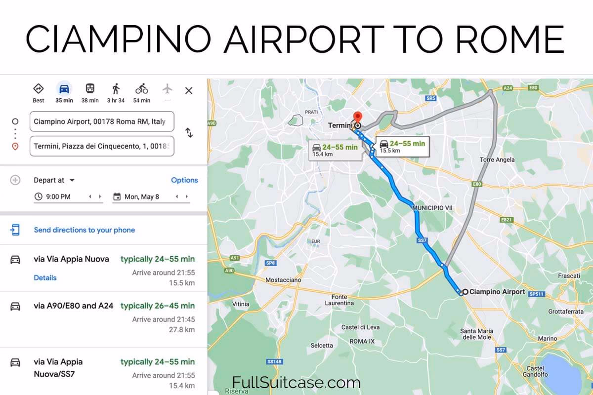 How much does it cost to travel from Ciampino to Rome?