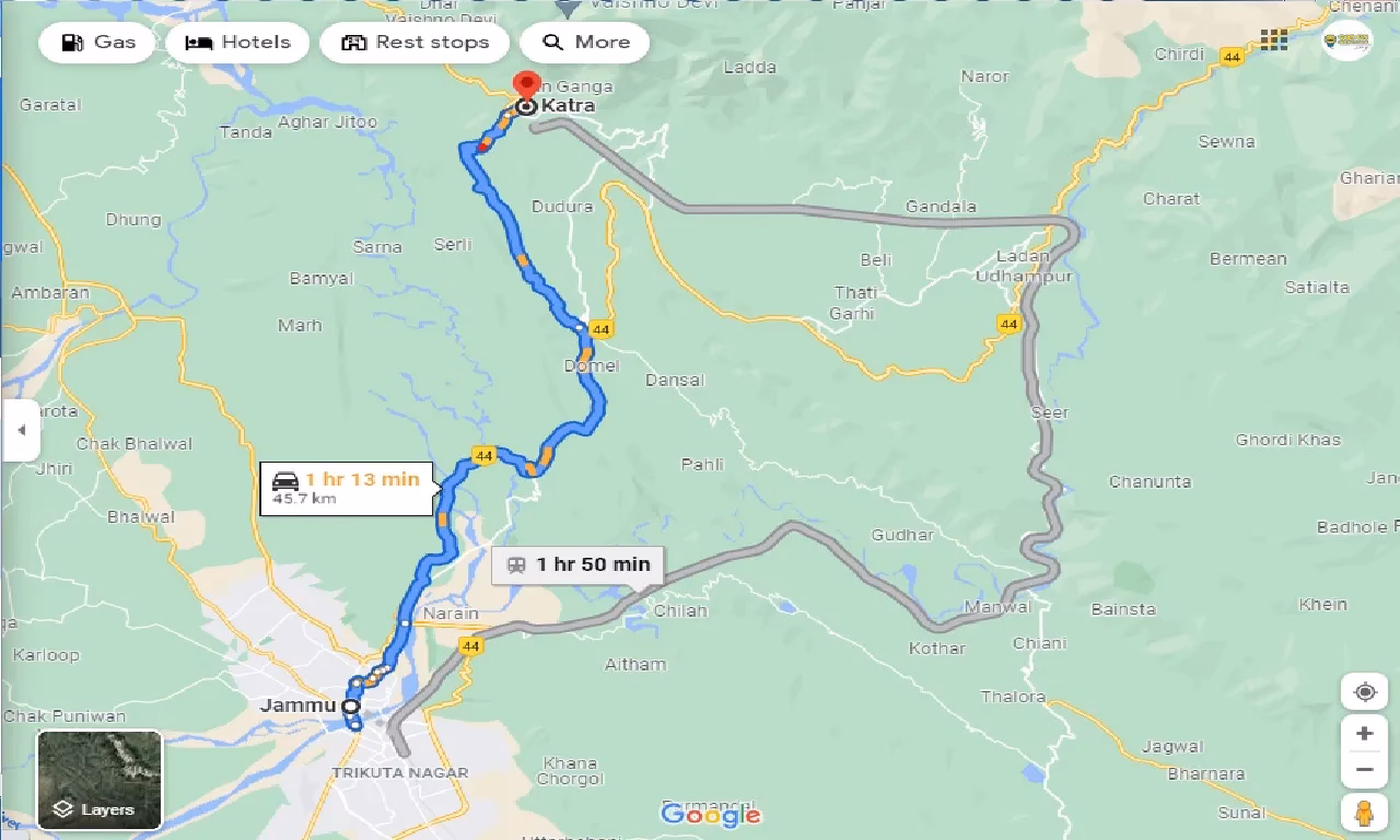 How far is Jammu Airport (IXJ) from Katra?