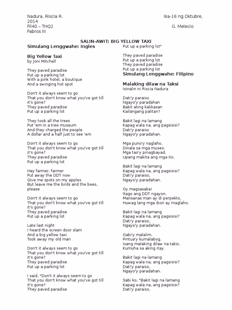 What was paved over in the Big Yellow Taxi song?