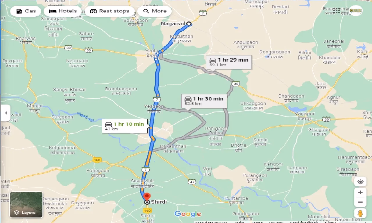 What is the distance between Shirdi and Nagarsol?