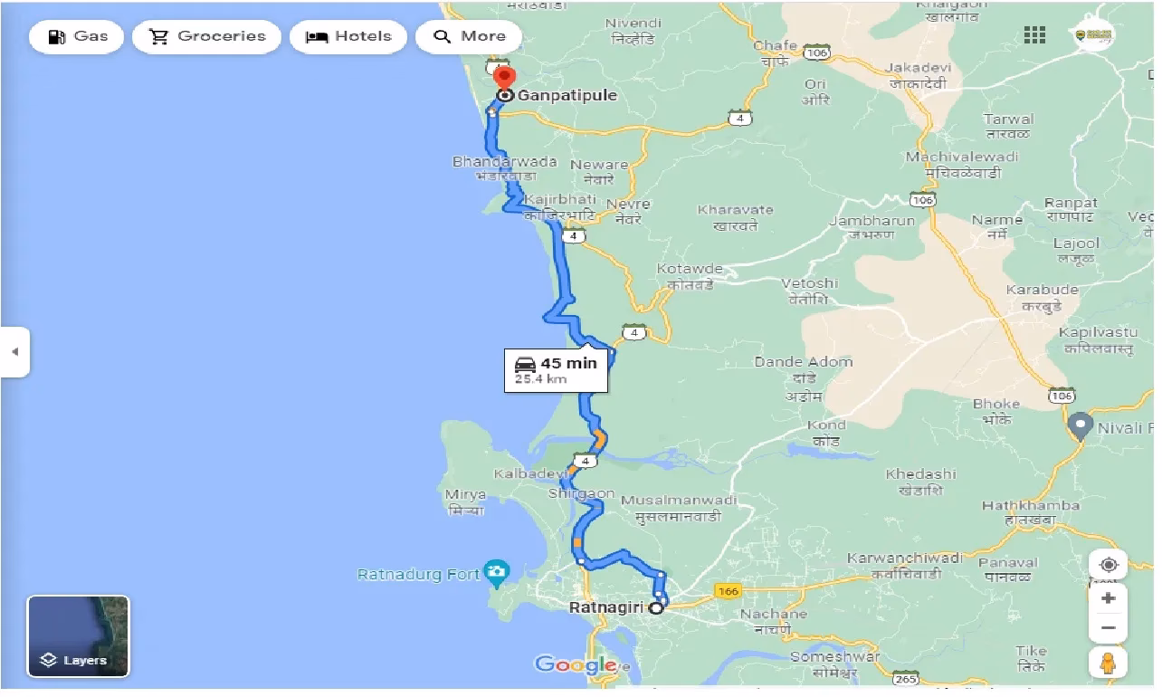 How far is Ratnagiri from Ganpatipule?
