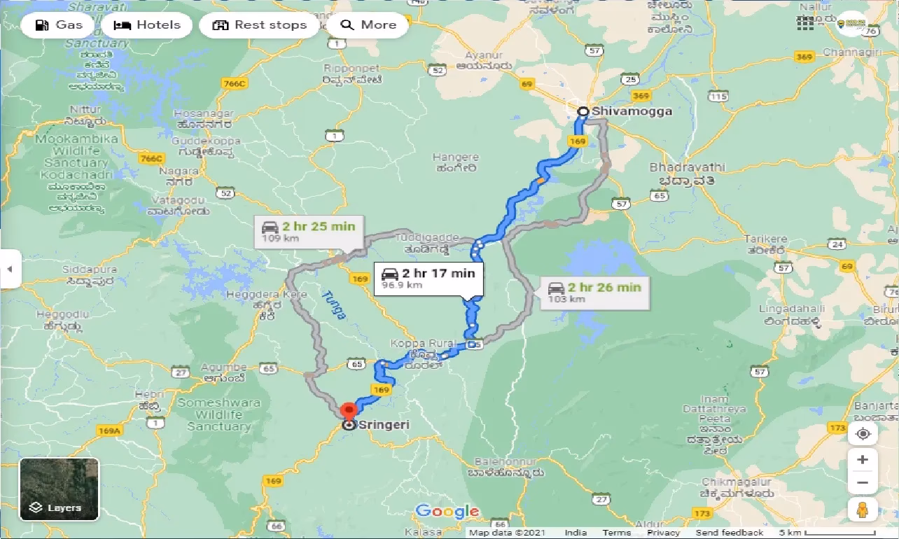 How far is Shimoga to Sringeri from CCR?