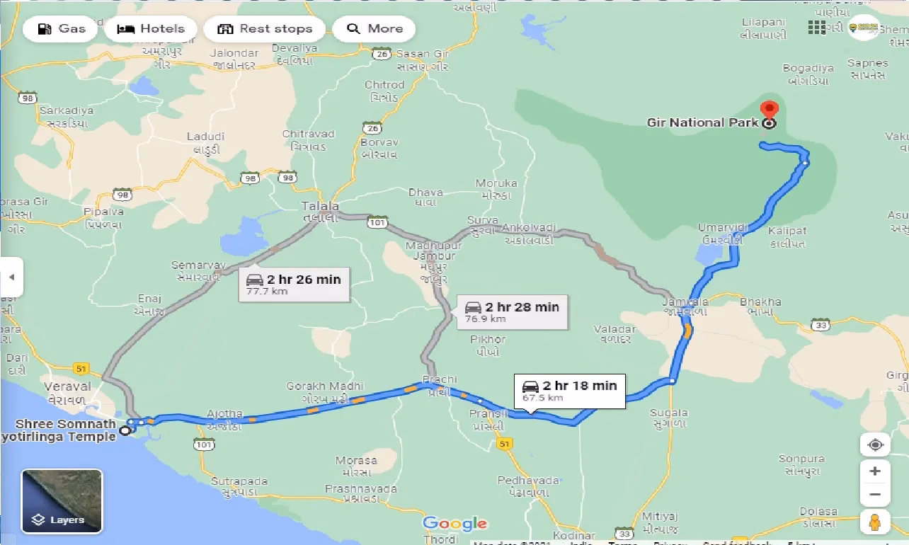 How far is Somnath from Sasan Gir?