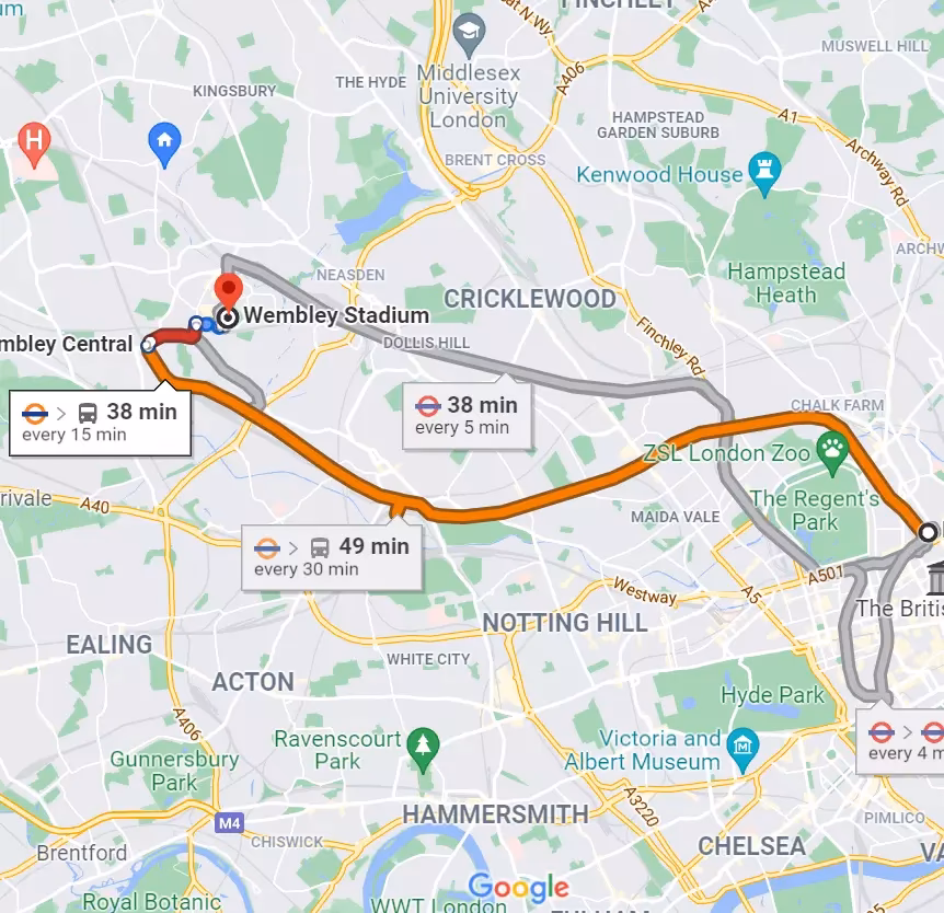 How far is Wembley Stadium from Euston station?