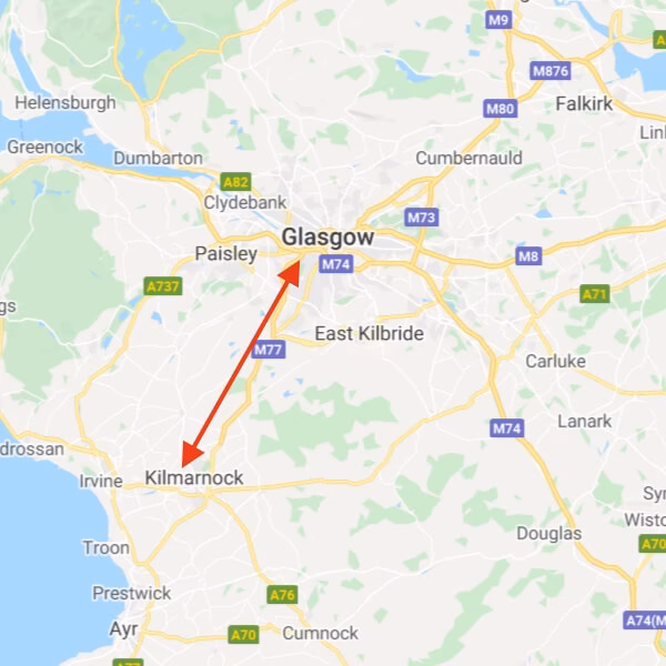 How far is Kilmarnock from Glasgow Airport (GLA)?