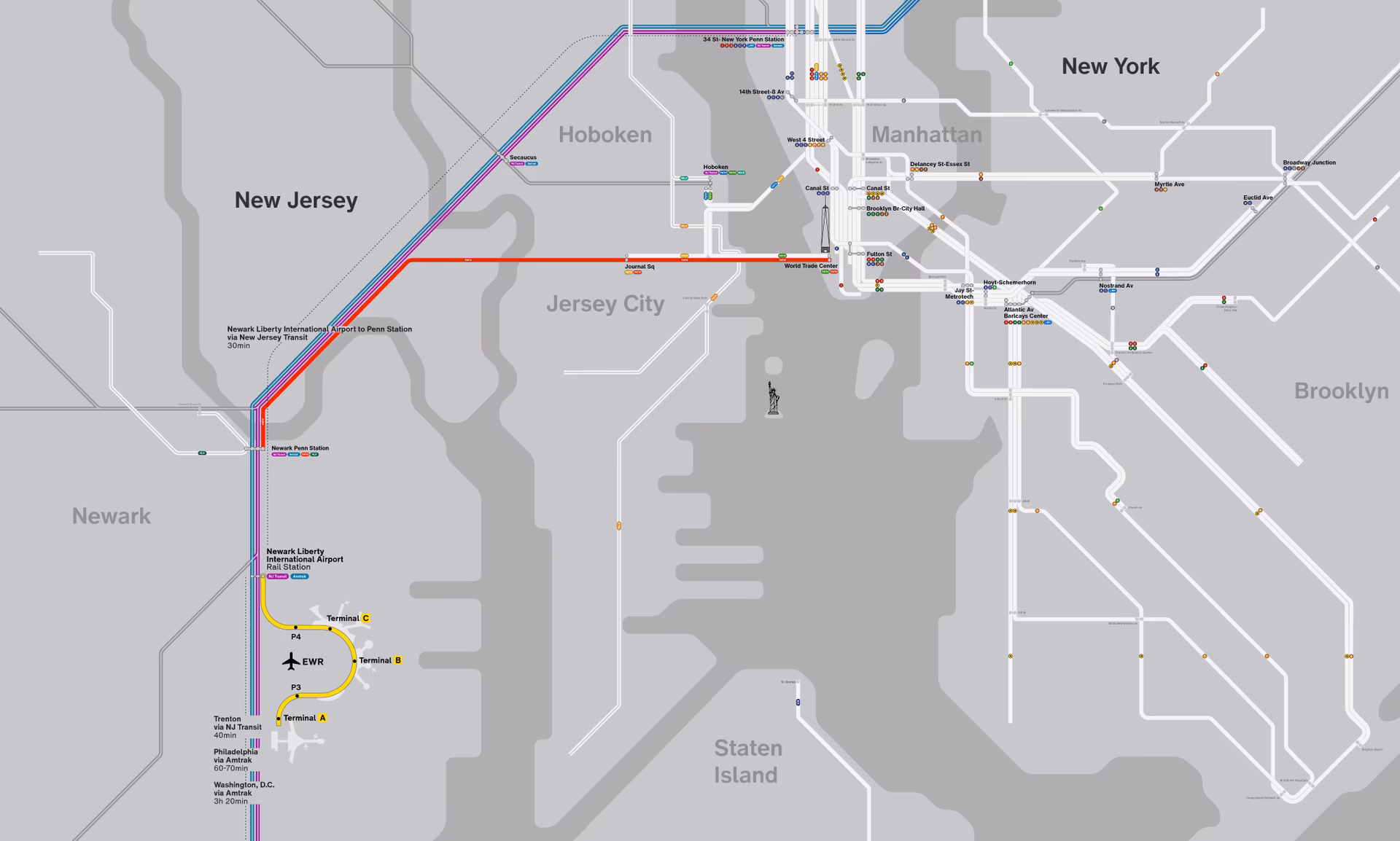 How far is Newark Airport (EWR) from Grand Central Terminal?