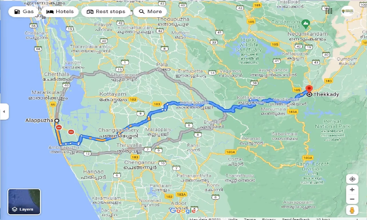 How long is the journey from thekkady to Alleppey?