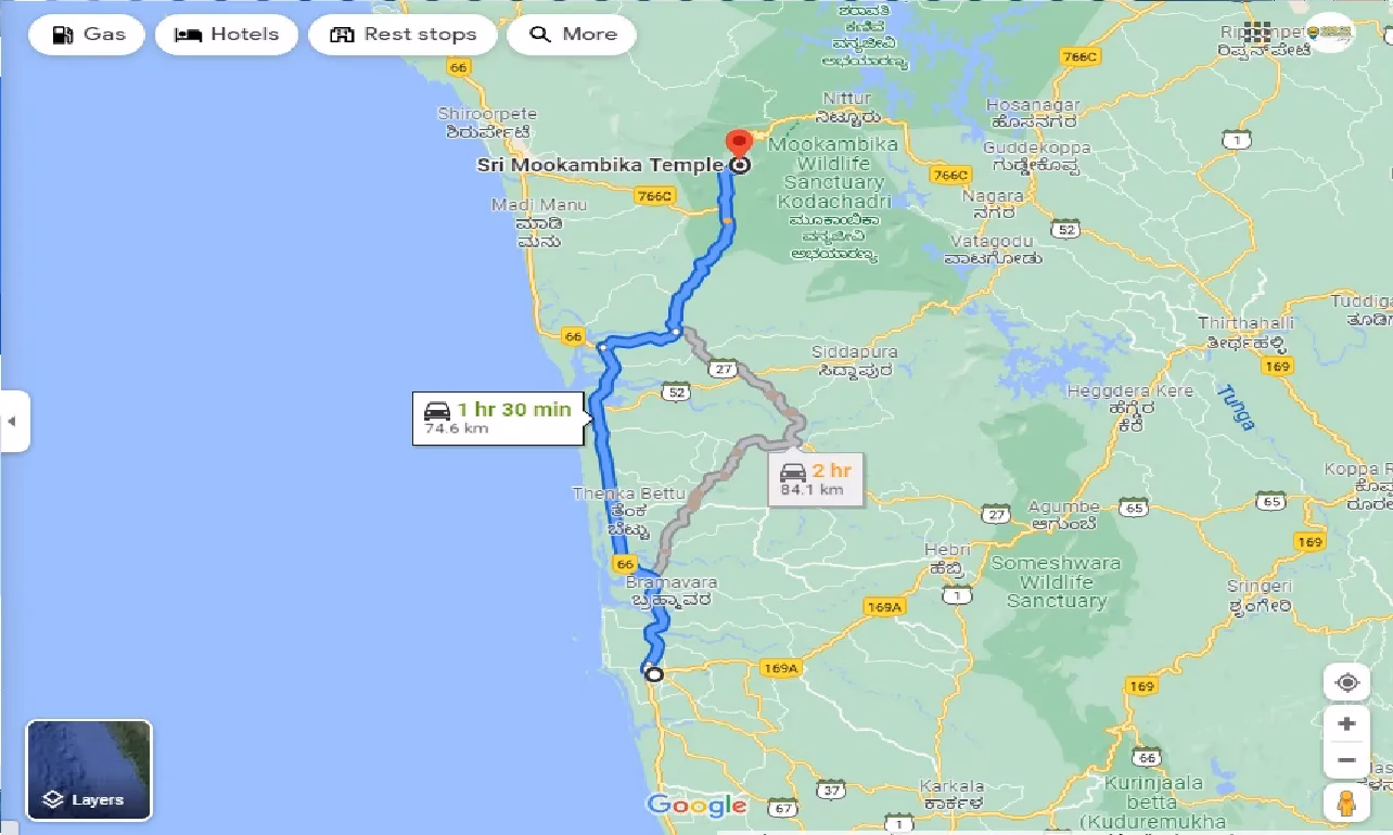 How far is Mookambika Road from Udupi?